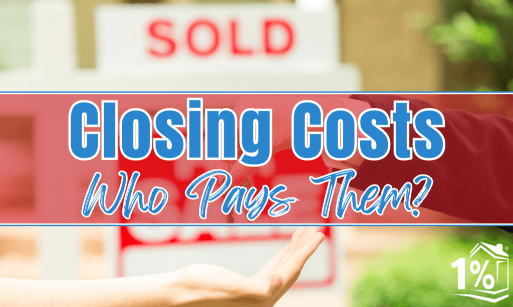 A Realtor handing a new homeowner keys to their house with the house blurred in the background and the article's title "Closing Costs: Who Pays Them?" imposed on the image