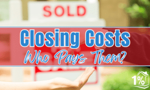 A Realtor handing a new homeowner keys to their house with the house blurred in the background and the article's title "Closing Costs: Who Pays Them?" imposed on the image