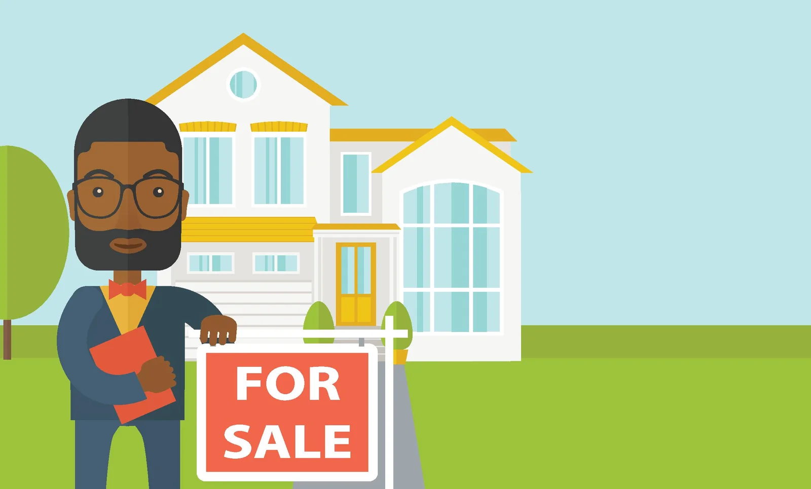 Real estate agent with beard and glasses holding the document and placard for sale on house
